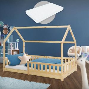 Ml-design Kinderbed met uitvalbeveiliging lattenbodem en dak 200x90 cm Dennenhout naturel