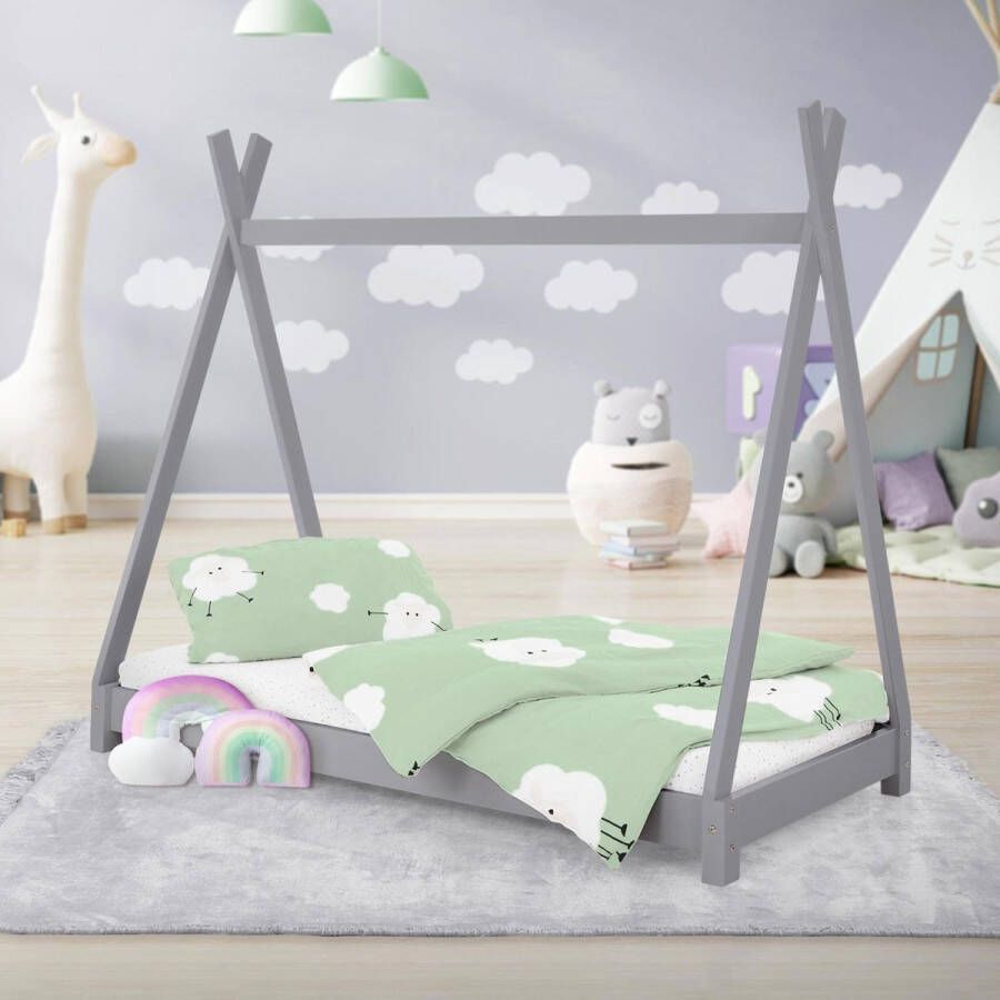 ML-Design Kinderbed Tipi met lattenbodem 70x140 cm Lichtgrijs van hout