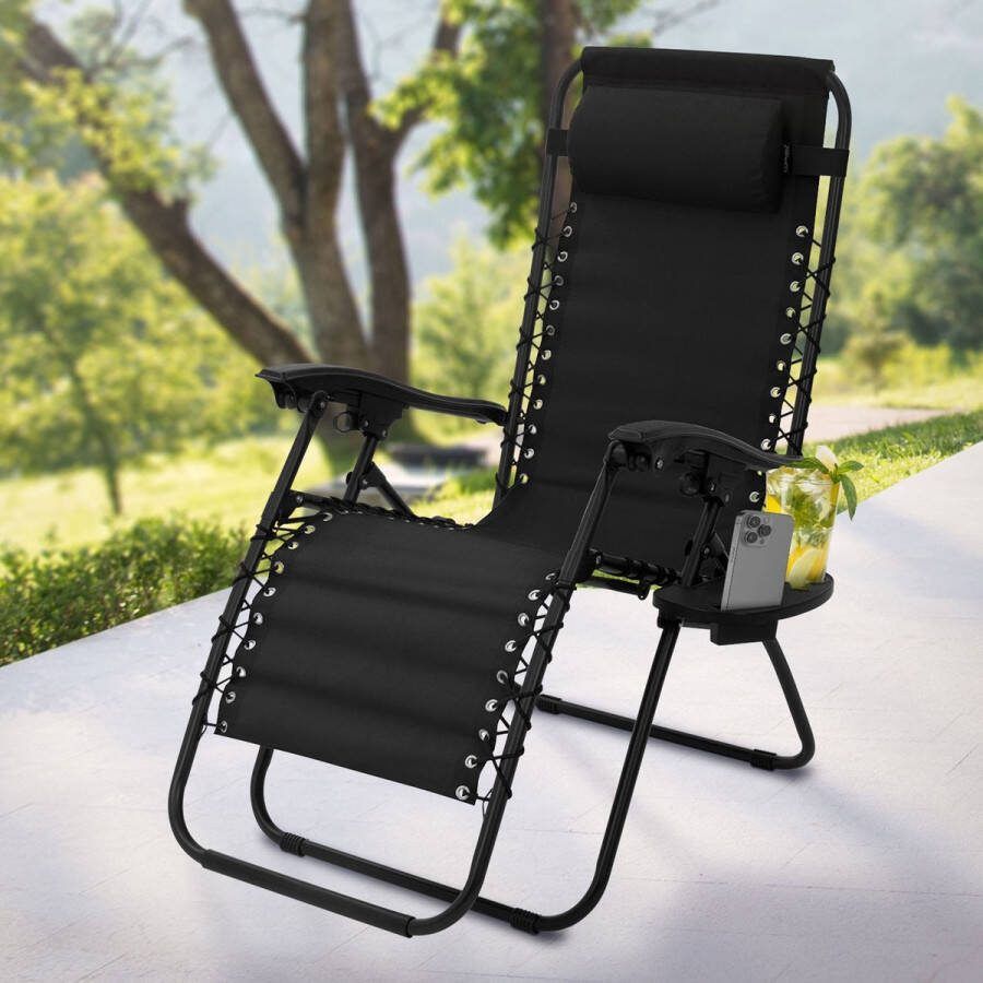 Ml-design Opklapbare relaxfauteuil zwart met verstelbare hoofdsteun en rugleuning incl. bekerhouder