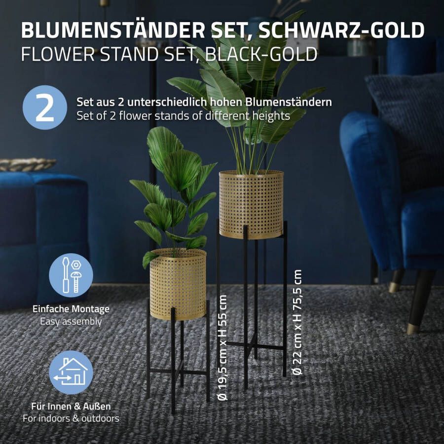 Ml-design Set van 2 bloemenstandaards met plantenbak 17x17x55 19x19x75 5 cm zwart goud gemaakt van staal