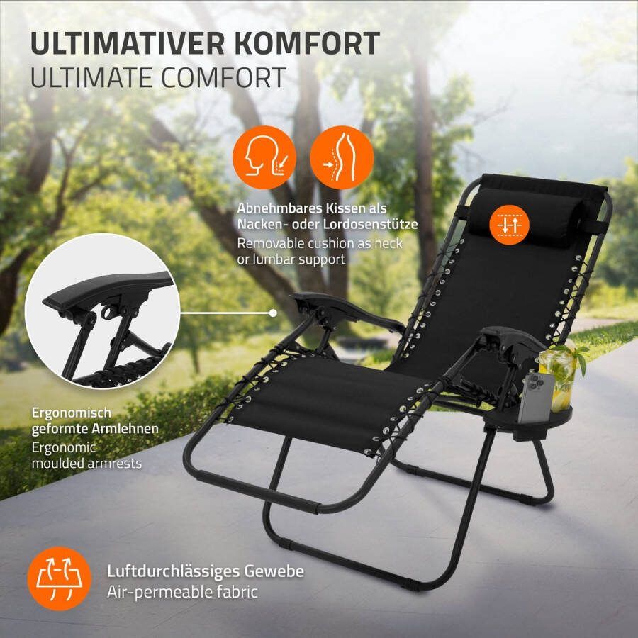 Ml-design Set van 2 inklapbare relaxfauteuils zwart met verstelbare hoofdsteun & rugleuning incl. bekerhouder