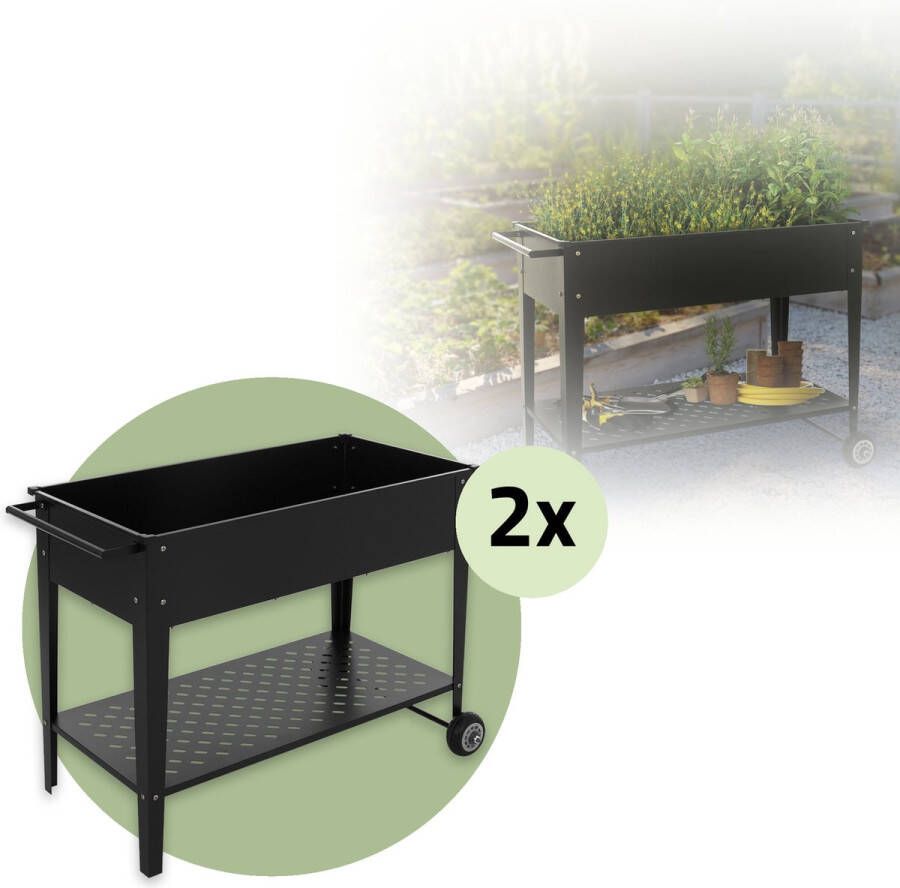 Ml-design Set van 2 metalen mobiele verhoogde bedden 98x50x79 5 cm zwart mobiele plantenbak met plank wielen en handvat plantenbak voor tuin en balkon tuinbed groentebed kruidenbak bloembak