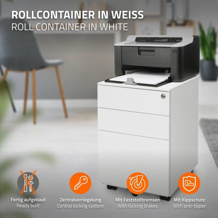 Ml-design set van 2 metalen rolcontainers met 3 laden wit 39x50x56 cm staal verrijdbare archiefkast afsluitbare kantoorkast kantoorcontainer met hangmap voor ordners en documenten