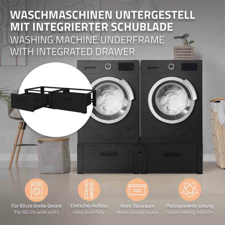 Ml-design Set van 2 Wasmachine Onderbouw met Uittrekbare Laden Zwart Staal