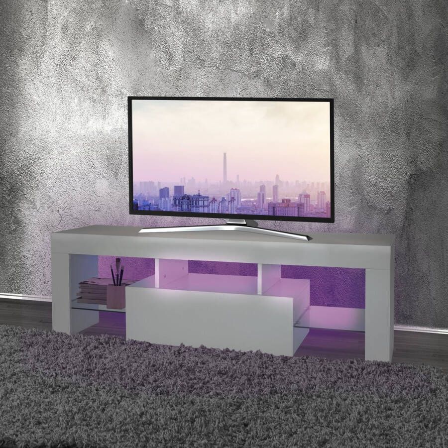 Ml-design TV lowboard in hout met LED verlichting en glazen legger voor TV moderne TV tafel 130x49x45cm wit greeploos design TV meubel TV meubel TV plank voor woonkamer