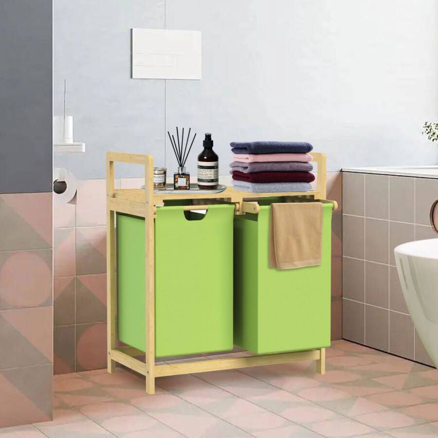 ML-Design Wasmand met twee uittrekbare waszakken Olive 2x30 liter Frame van bamboehout