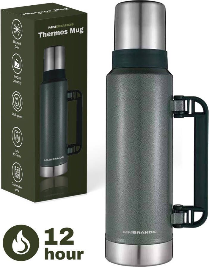 MM Brands RVS Thermosfles Drinkfles – BPA Vrij – 1L Waterfles met draaidop Thermosbeker – Drinkfles – Dubbele isolatie Thermoskan Donker Groen