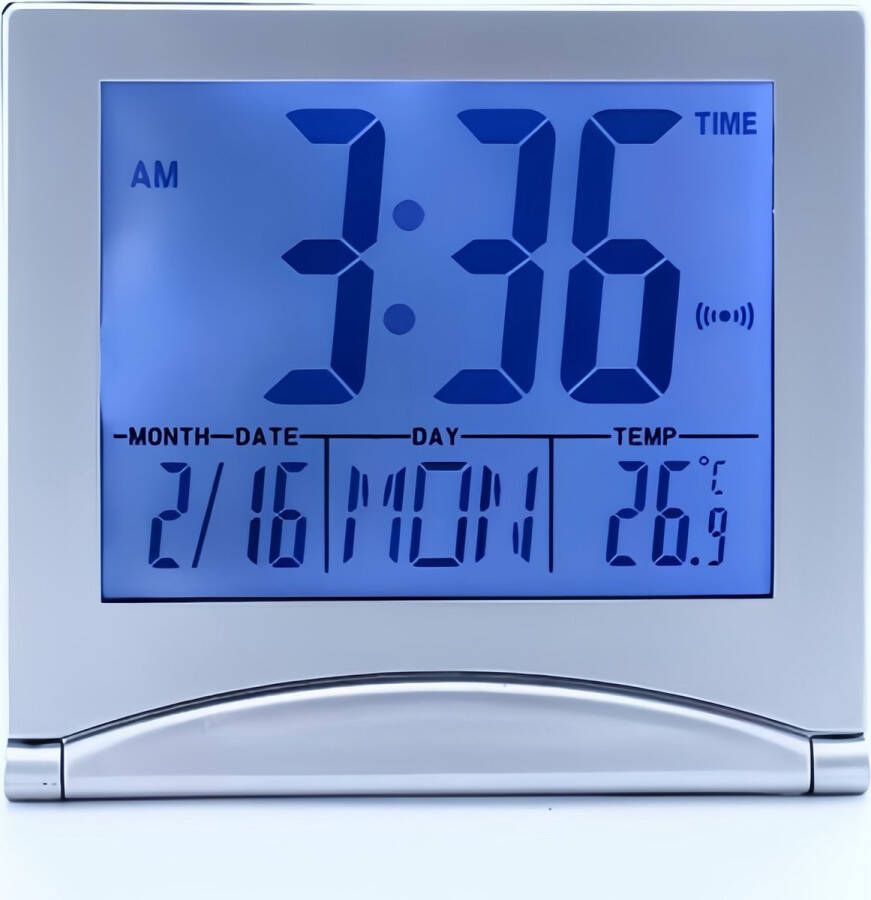 MMOBIEL Digitale Klok LCD Reiswekker Opvouwbaar met Achtergrondverlichting – Bureau Klok Wekker Digitaal met Temperatuur en Datum – Wekker Digitaal Klokje – Digitale Klok op Batterijen incl. – Zilver