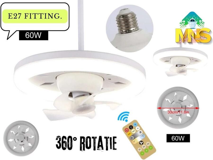 MNS Mini Plafond Ventilator 360 Gradan -E27 Fitting & Telescoopstang fitting met 60W_LED-licht