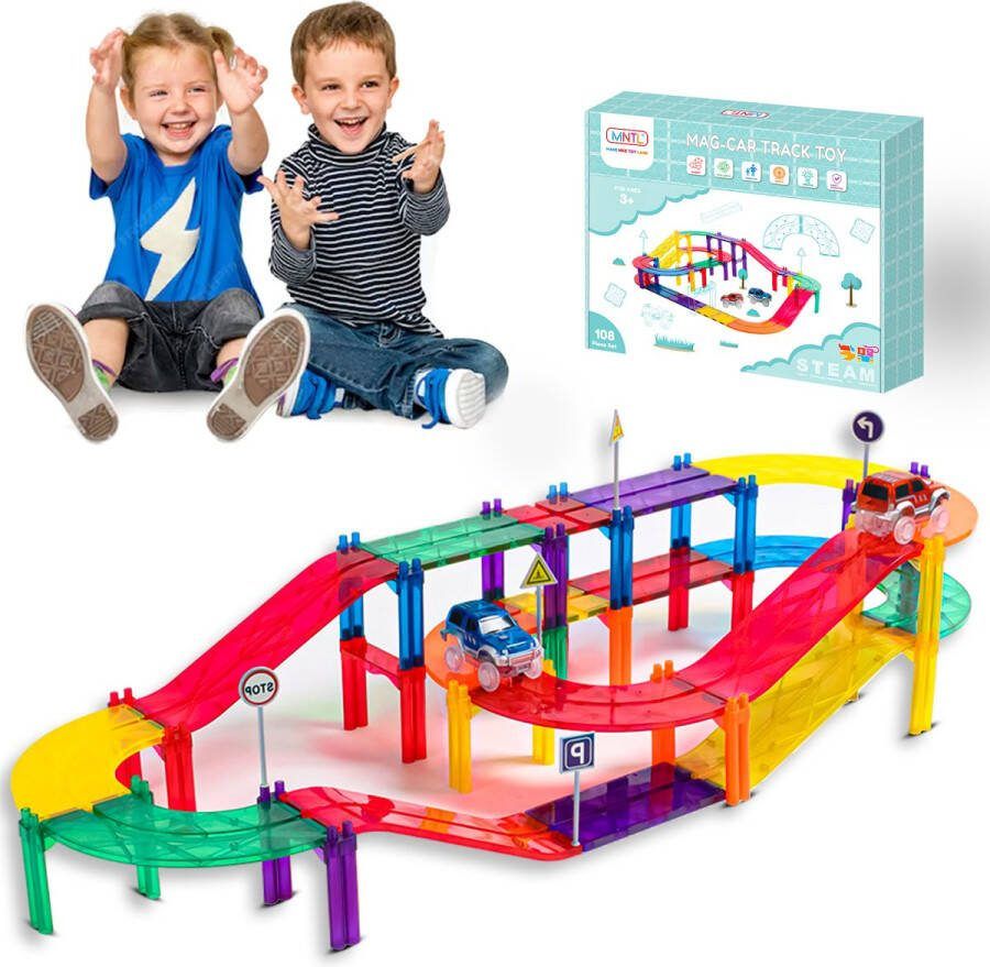 MNTL Magnetic Tiles Magnetische Racebaan Autobaan 108 Stuks Magnetisch Bouwspeelgoed Educatief Speelgoed Magnetische Bouwstenen Montessori STEM Speelgoed