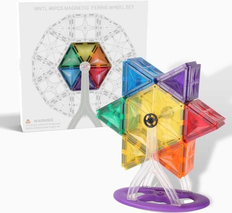 MNTL Magnetic Tiles Reuzenrad 46 Stuks Magnetisch Bouwspeelgoed Educatief Speelgoed Magnetische Bouwstenen Montessori STEM Speelgoed