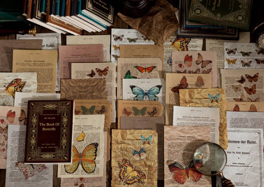 Mo-Card Journaling Papier Set 60 vellen Vintage Butterfly Vlinder Voor o.a. bulletjournal scrapbooking en kaarten maken