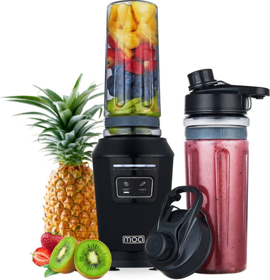 MOA Blender to go Mini Blender 2 tritan bekers van 600ml Smoothie maker 800W Zwart MB10B