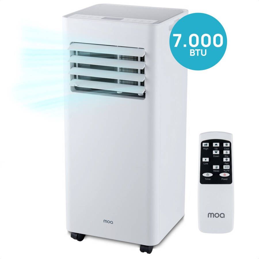 MOA Mobiele Airco 7.000 BTU Airconditioner afstandsbediening Energieklasse A Raamafdichtingskits Slaapkamer Woonkamer tot 60 m³ koelen ventilator en ontvochtiger Wit