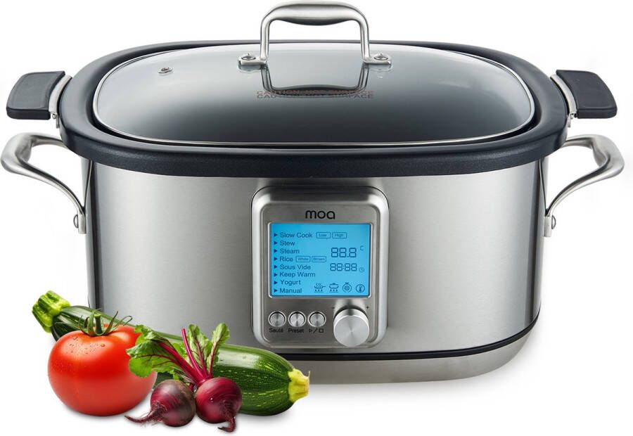 MOA Multicooker Slowcooker 8 Kookfuncties 6 Liter 1250W Rijstkoker Stoomkoker Sous Vide koker Yoghurtmaker RVS MC01S