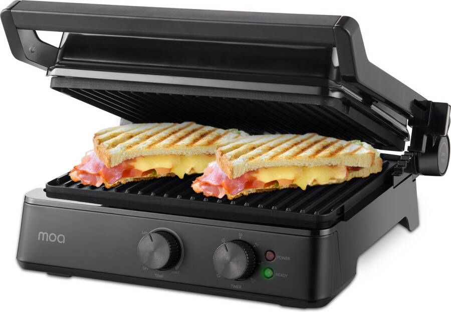 MOA Tosti Apparaat XL voor 4 Tosti's met Temperatuurregeling 2400W Grill IJzer Contactgrill Panini Apparaten Uitklapbaar