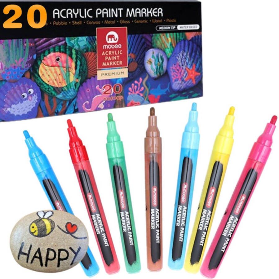 Mobee HappyStone Acryl marker stiften 20 kleuren 2 mm inclusief Sjablonen Acrylverf Tekenset Mandala Acrylstiften voor stenen schilderen Happy Stones beschilderen maken