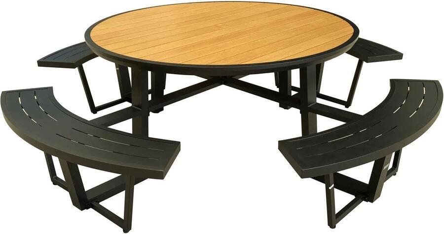 Mobistoxx Ronde picknicktafel PERUGIA 8 plaatsen aluminium zwart wood effect