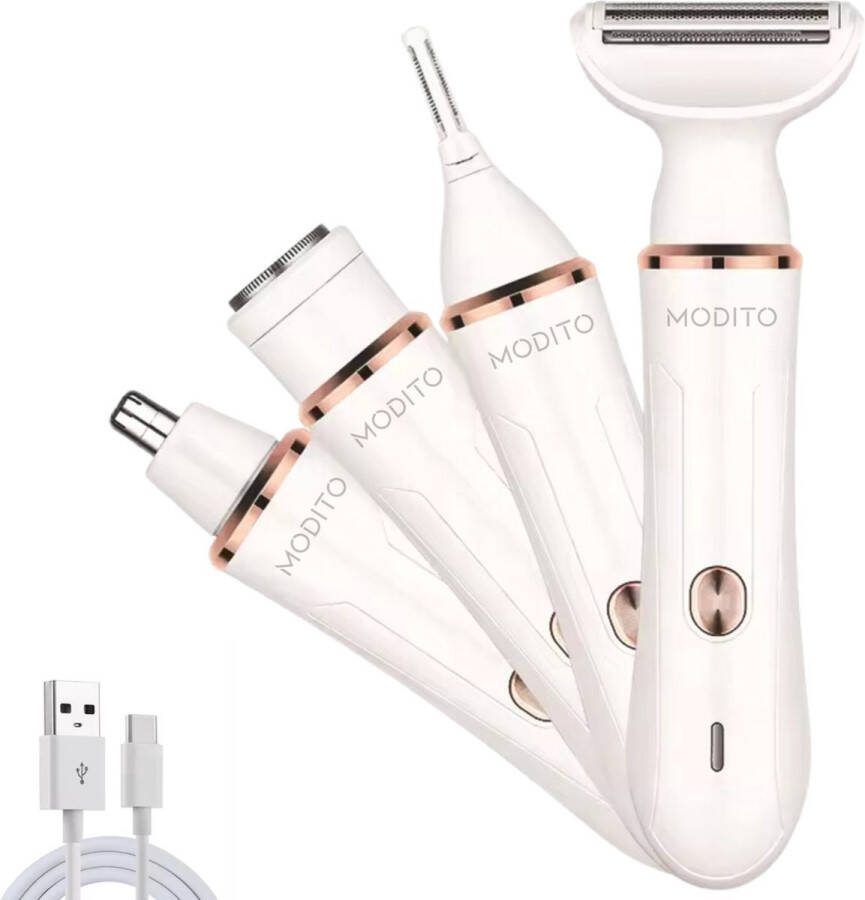 MODITO 4-in-1 Ladyshave Scheerapparaat voor vrouwen Voor lichaam & gezicht Precisietrimmer Oplaadbaar Wit