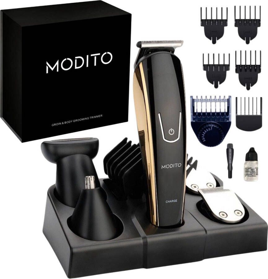 MODITO 5-in-1 Baardtrimmer Scheerapparaat Bodygroomer mannen Gezicht & Lichaam Draadloos Oplaadbaar Waterdicht Incl opzetstukken Zwart goud