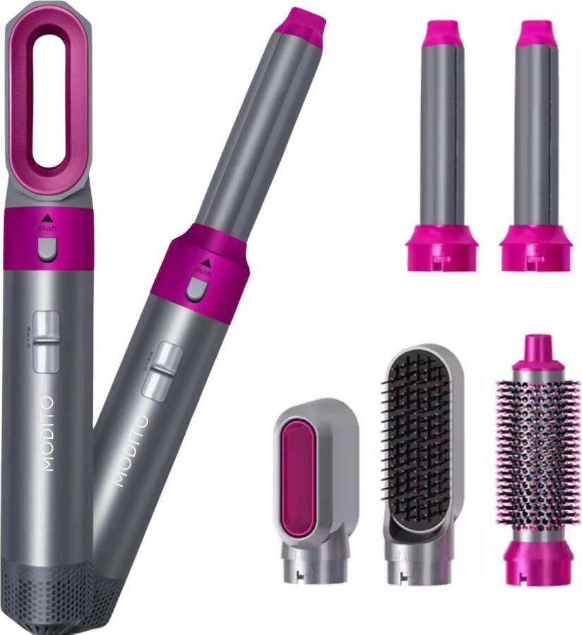 MODITO airstyler Krultang 5in1 multistyler Föhnborstel Hairwrap Heteluchtborstel Kort & lang haar 2024 editie Grijs roze