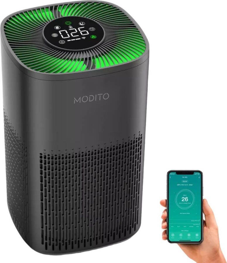 MODITO Luchtreiniger Air Purifier met APP 4-in-1 filtersysteem Ionisatie HEPA 13 filter + koolstoffilter Verminderd huisstofmijt hooikoorts allergie & stof Zwart 210 m³ u