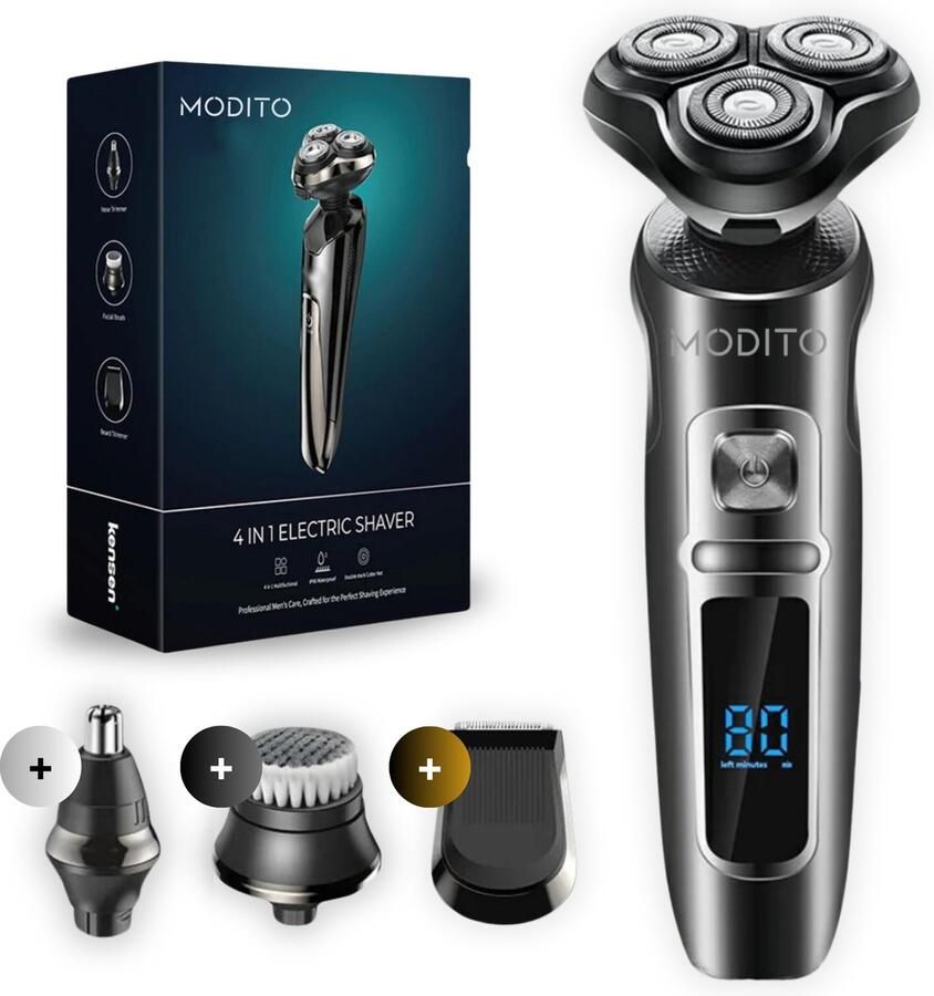 MODITO 4-in-1 Elektrisch Scheerapparaat Mannen met Trimmer LI1800 Nat & Droog – Baardtrimmer Tondeuse Neustrimmer 4 Opzetstukken Electric Shaver Waterproof