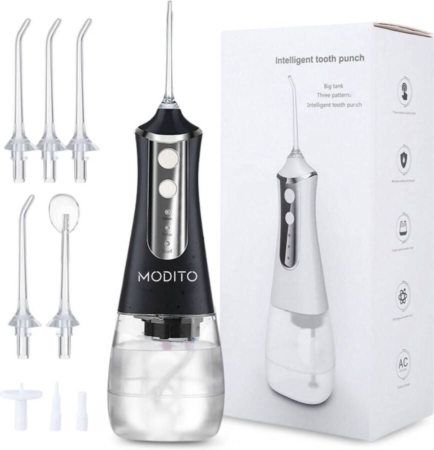 MODITO Waterflosser PRO 350ML 3 standen 6 Opzetstukjes Monddouche Draadloos flosapparaat Zwart