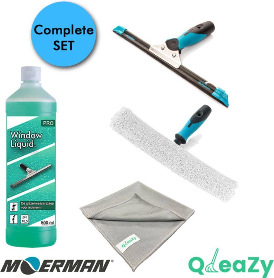 Moerman QleaZy Glazenwasserset Moerman Raamwisser Liquidator 3.0 rail 35 cm Moerman Inwasser 35 cm Glasdoek Glasreiniger