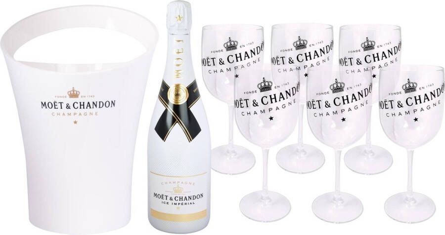Moët & Chandon Ice Bucket met 6 Transparante Plastic Glazen Luxe Wijnkoeler IJsemmer en Champagneglas 6x