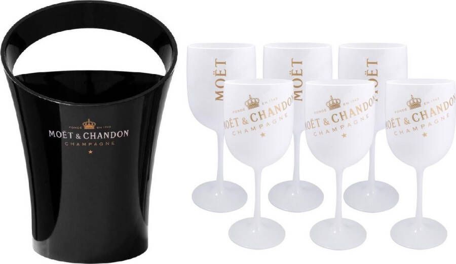 Moët & Chandon Ice Bucket zwart + 6 witte glazen Luxe Champagnekoeler Wijnkoeler Koeler Zwart Black