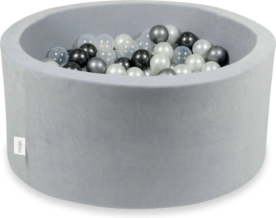 MOJE Soft Velvet Ballenbad • Ballenbak Light Grey Licht Grijs • Rond 40 x 90 cm • Inclusief 200 Balletjes (transparant parel zilver en zwart)