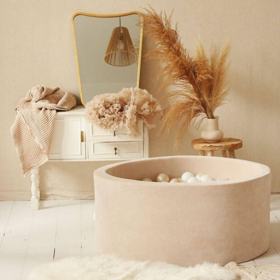 MOJE Soft Velvet Ballenbad Beige • Rond 40 x 90 cm • Inclusief 200 Balletjes (wit transparant parel licht goud mermaid effect)