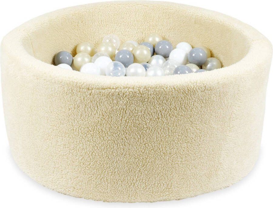MOJE Teddy Ecru Ballenbad • Rond 40 x 90 cm • Inclusief 200 Balletjes (transparant wit parel grijs licht goud)