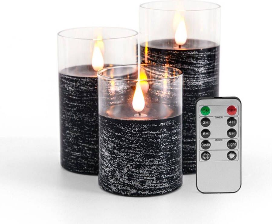 Moli Shop LED Kaarsen 3 stuks-Batterijkaarsen zuilkaarsen Werkt op batterijen met afstandsbediening en timer-Zwart