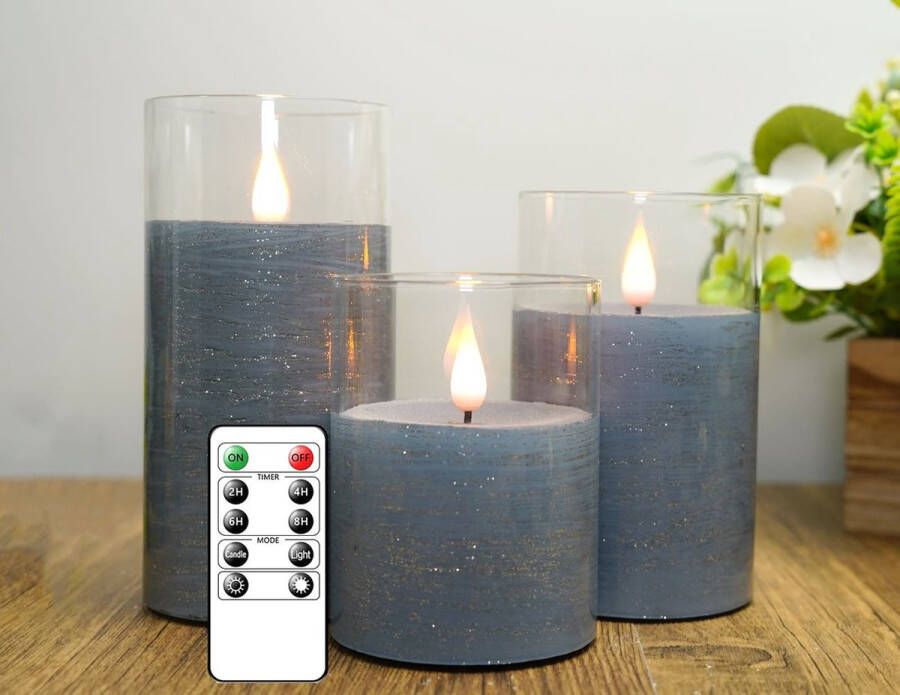 Moli Shop LED Kaarsen 3 stuks-Batterijkaarsen zuilkaarsen Werkt op batterijen met afstandsbediening en timer Blauw