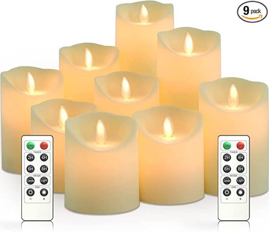 Moli Shop LED kaarsen 9 stuks led kaarsen met echt vlam effect led kaars batterijen echte waskaarsen met afstandsbediening en afstandsbediening x2 en 24uurs timer