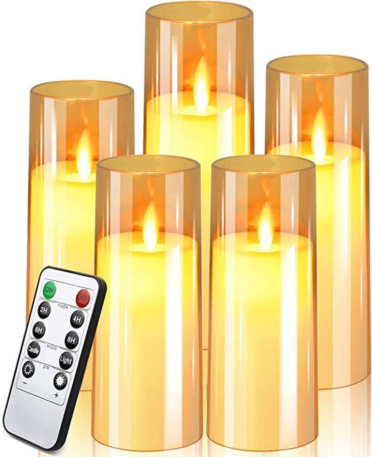 Moli Shop LED-kaarsen met afstandsbediening en timer LED-knipperende kaarsen van plexiglas met bewegende vlammen 5 stuks -Goud