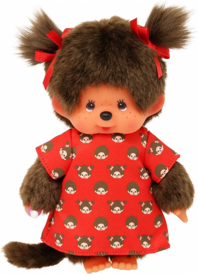 Monchhichi Monchichi Meisje 20cm Rood Jurkje met Print