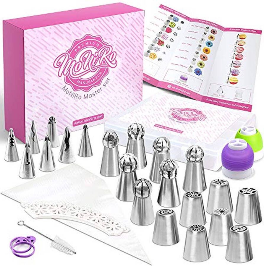 Moniro 91-delige Russische spuitmondenset professionele roestvrijstalen spuitmondenset met siliconen spuitzak en bakaccessoires cadeauset voor taarten en cupcakes bloemen decoratie bakset om te versieren