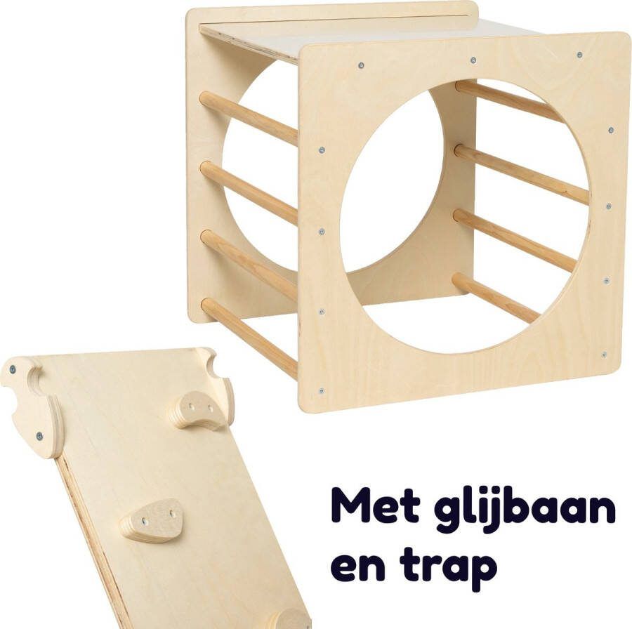 Monkiesori Houten klimrek kubus naturel + glijbaan klautertrap Klimrek Houten Montessori Speelgoed