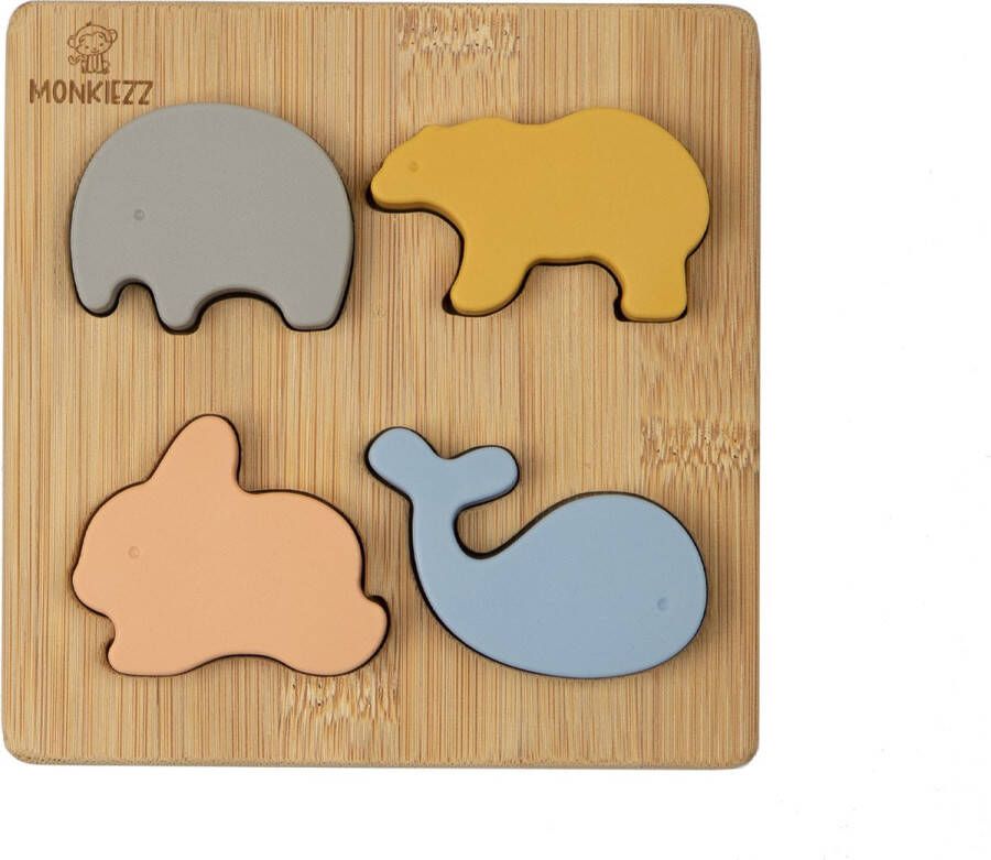 MONKIEZZ houten puzzel animal | educatief | spellen | speelgoed | silicone | olifant ijsbeer konijn en walvis | vormenpuzzel