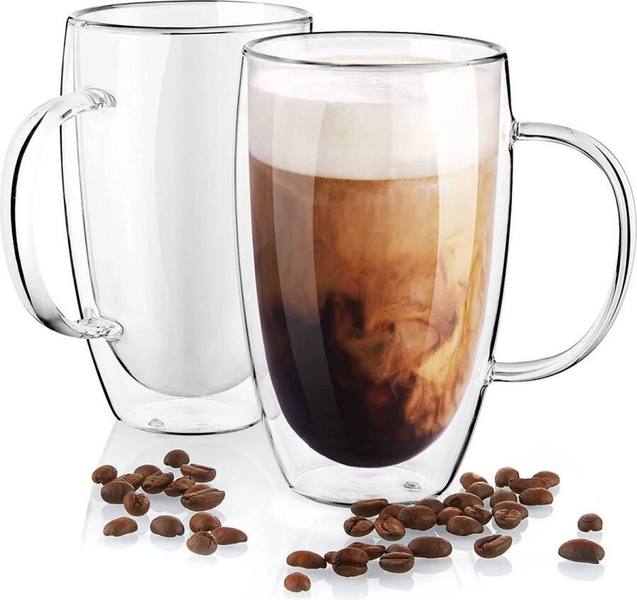 MONOO Dubbelwandige Koffieglazen 450ml met Oortje Set van 2 Cappuccino Glazen Latte Macchiato Glazen