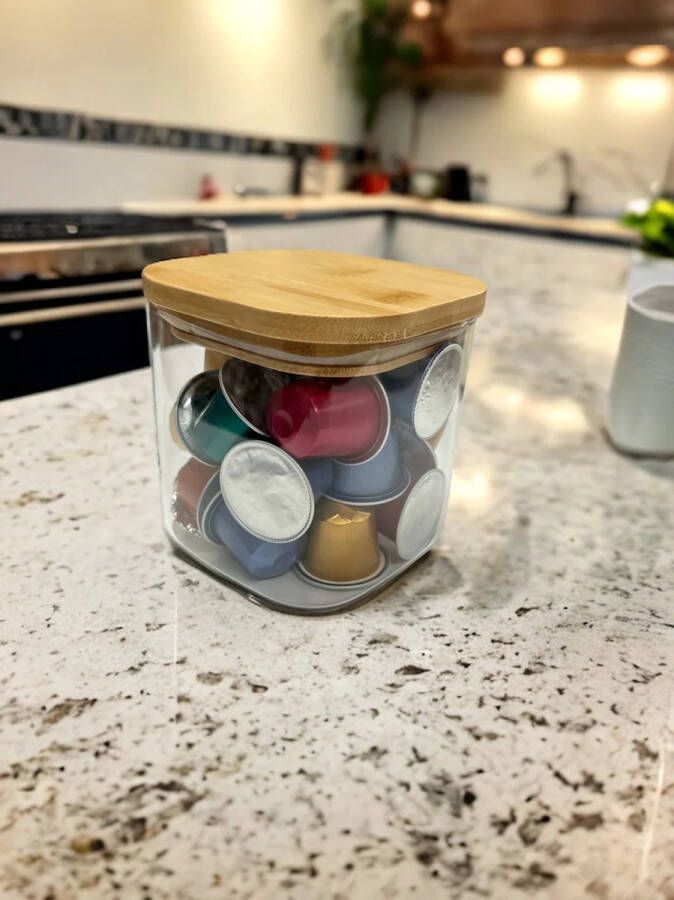 MONOO Koffiecup- & Padhouder Glas met Bamboe Deksel Medium Koffiecapsulehouder