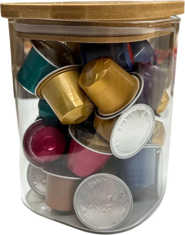 MONOO Koffiecup- & Padhouder Glas met Bamboe Deksel XL Koffiecapsulehouder