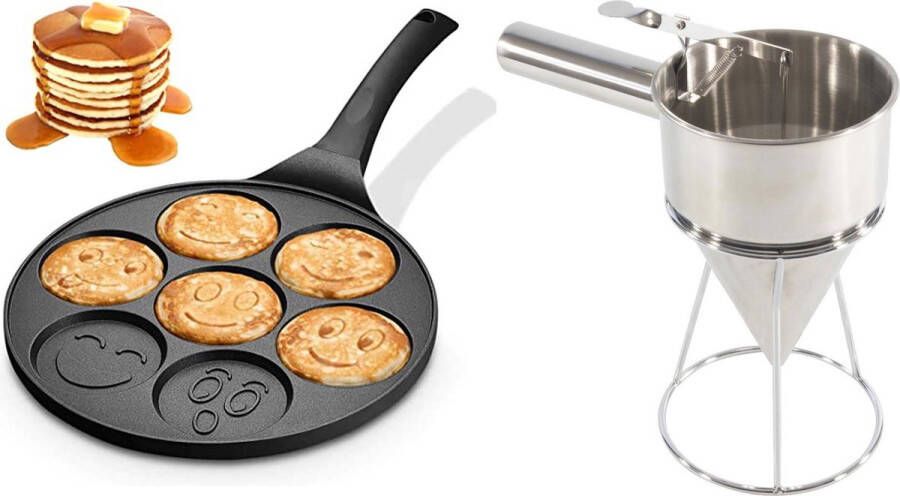 MONOO Pancake Pan met Emoji Mallen + Beslag Dispenser Pannenkoekenpan Crêpemaker Pancakes Set