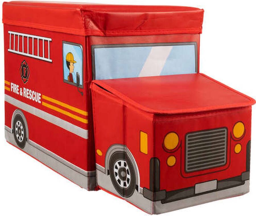 MONOO Speelgoedkist met Deksel Brandweerauto Opbergbox en Poef in één Opvouwbaar Sorteervakken Speelgoed Opbergruimte