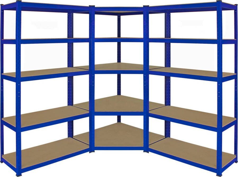 Monster Racking 3 x T-Rax Stellingkasten 1 hoek stelling + 2 rechte stellingkasten 90 x 45 x 180 cm per unit Blauw 100% boutloos 265 kg per plank opbergrek metaal