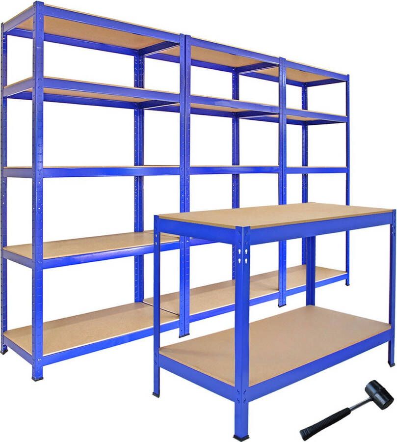 Monster Racking 3 x T-Rax Stellingkasten 90x45x180 cm + 1 x T-rax Werkbank 120x90x60 cm 100% Boutloos Inclusief rubberen hamer