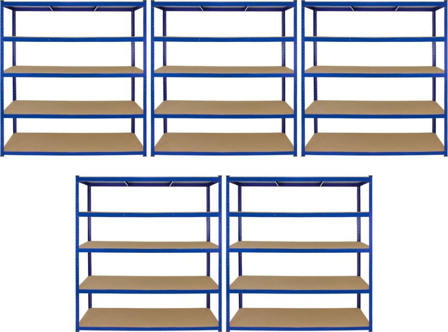 Monster Racking 5 x T-Rax Stellingkasten 160cm x 60cm x 180cm per rek Blauw 100% boutloos Draagkracht: 265 kg per plank opbergrek metaal